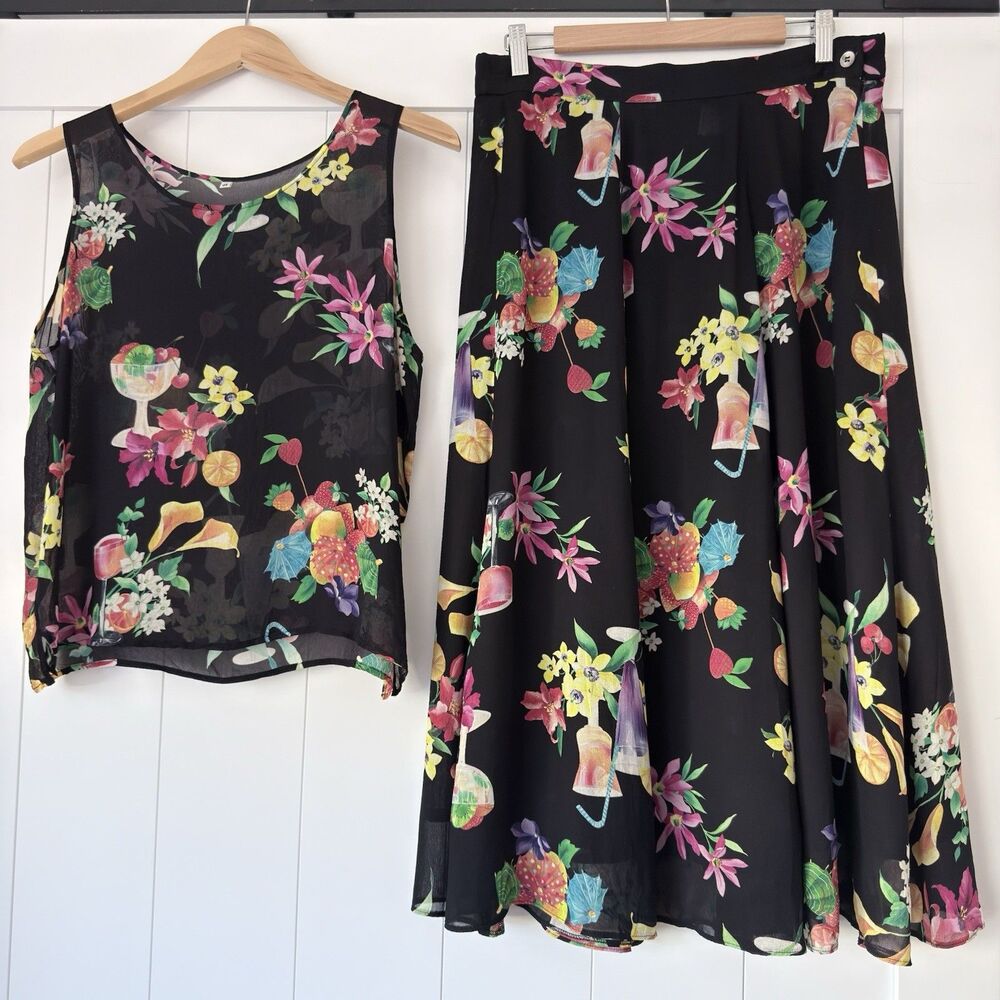 Vtg 80s Florence Italy 2pc Set Cocktail Tropical Print Sheer Viscose Paneled L
